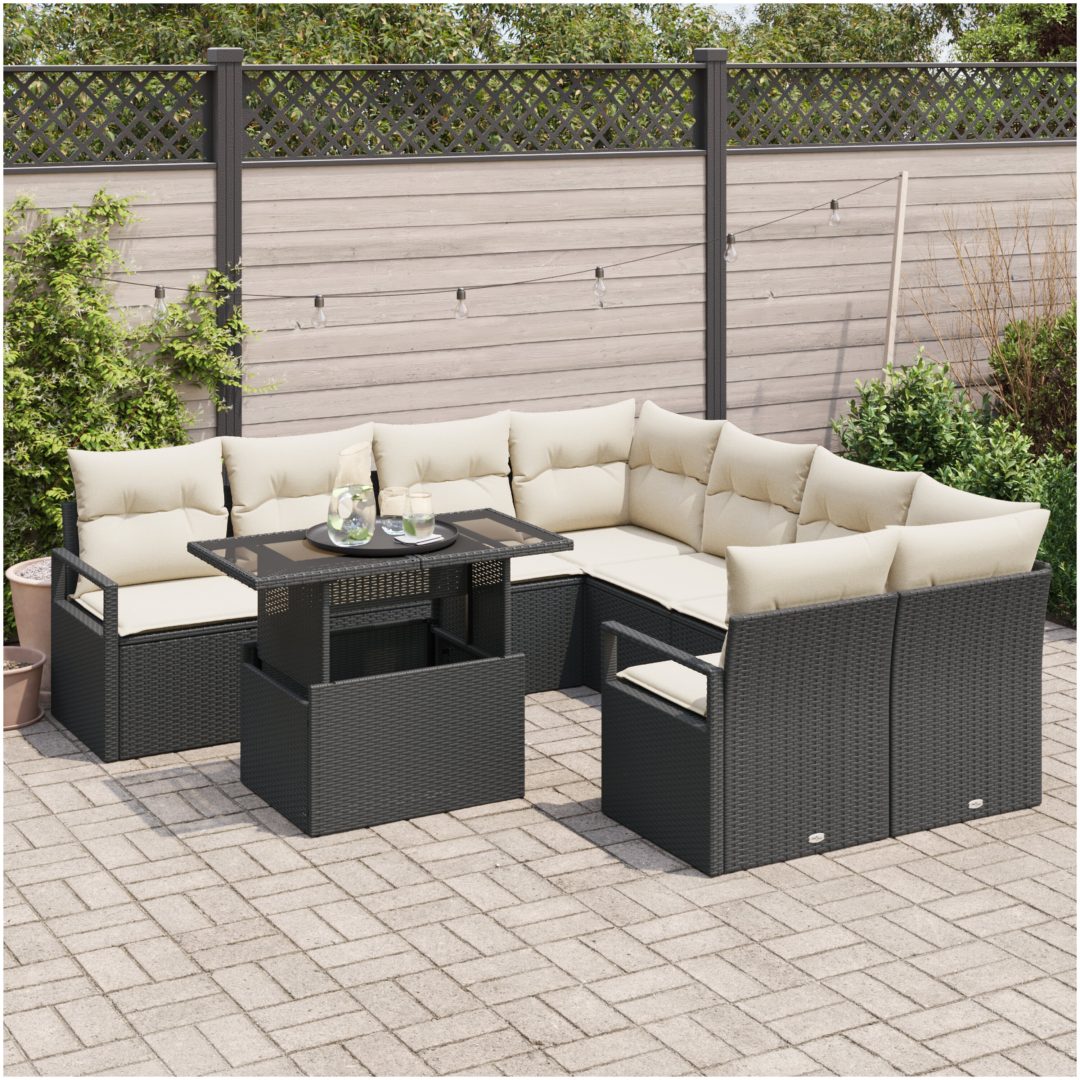 9 Delar Trädgårdsoff Set med Kuddar Svart Poly Rattan vidaXL Stor – bild 3