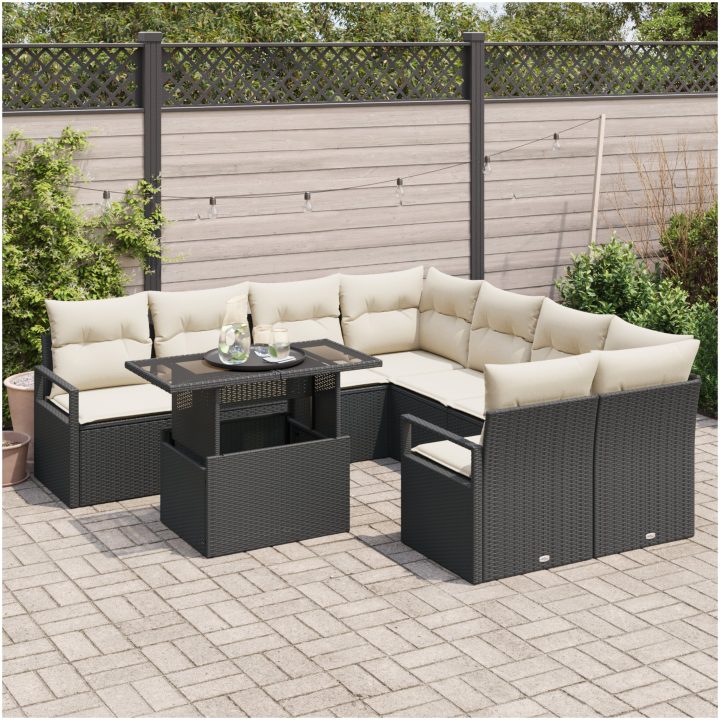 9 Delar Trädgårdsoff Set med Kuddar Svart Poly Rattan vidaXL Stor – bild 3