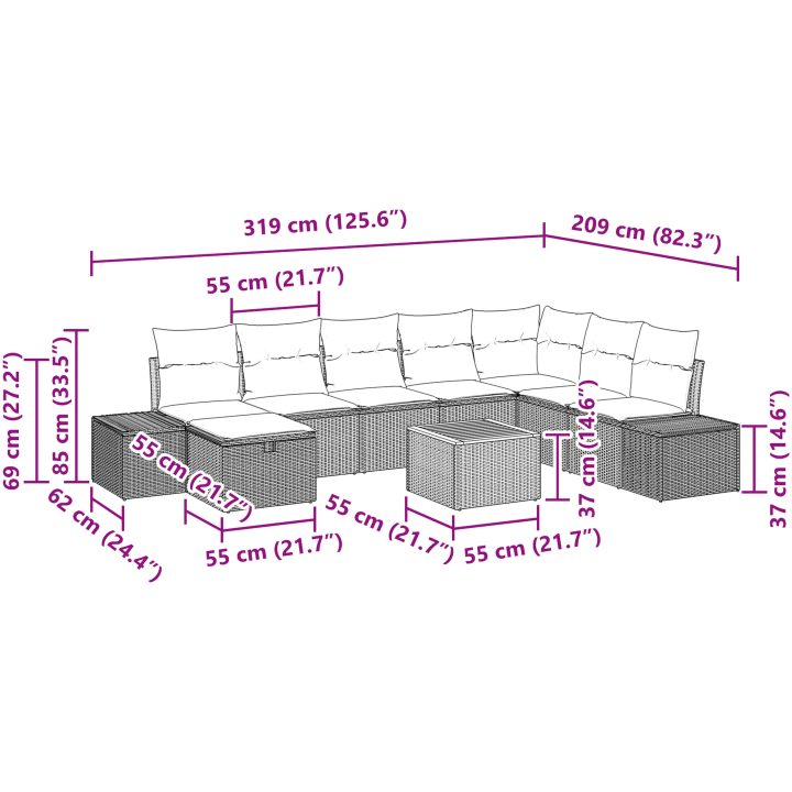 9 Delar Trädgårdsoffa med kuddar Svart Poly Rotting vidaXL 55 x 55 x 37 cm – bild 11