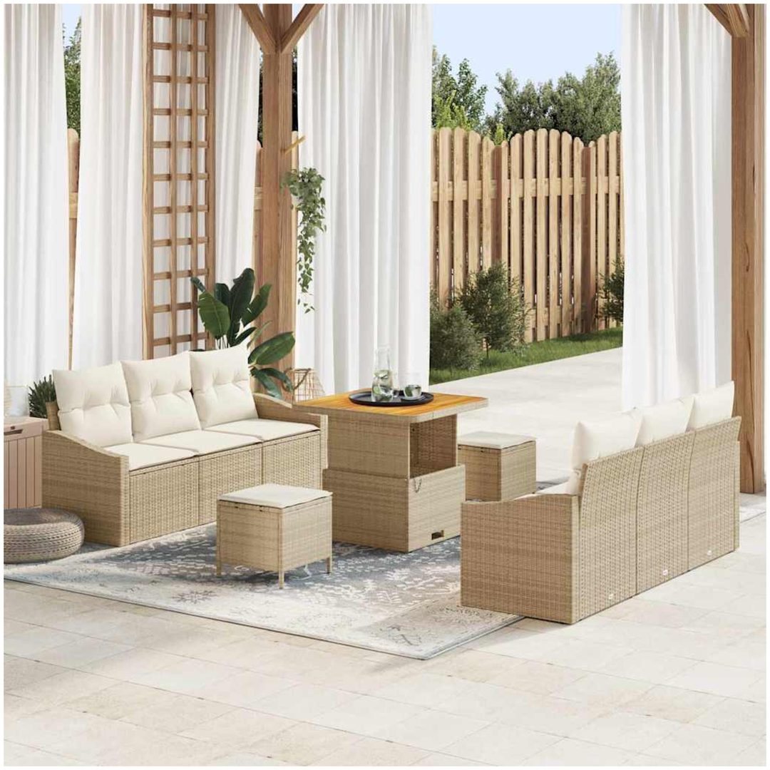 9 delar trädgårdsoffa set med kuddar beige poly rattan akacia vidaXL Stor