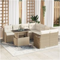 9-delar Trädgårdsoffas med kuddar Beige Poly Rattan vidaXL