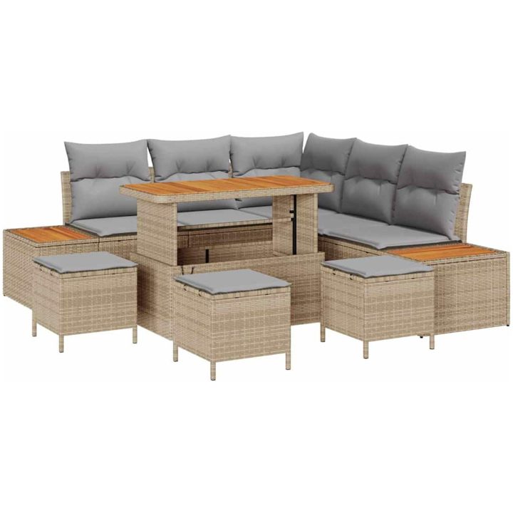 9 Delar Trädgårdsoffaset med Kuddar Beige Poly Rattan Akacia vidaXL Stor – bild 2