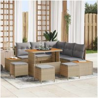 9 Delar Trädgårdsoffaset med Kuddar Beige Poly Rattan Akacia vidaXL