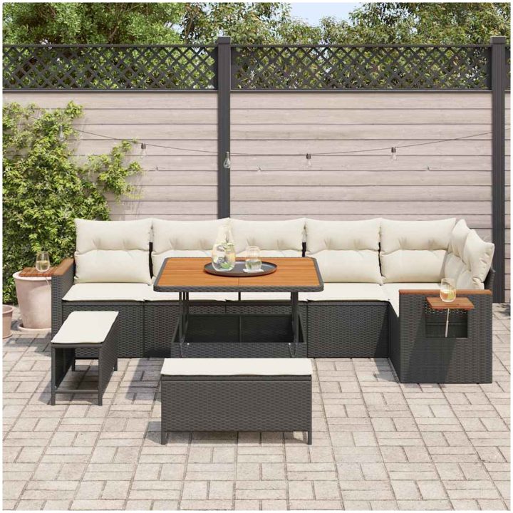 9 Delar Trädgårdsoffaset med Kuddar Svart Poly Rattan Akacia vidaXL Stor – bild 3