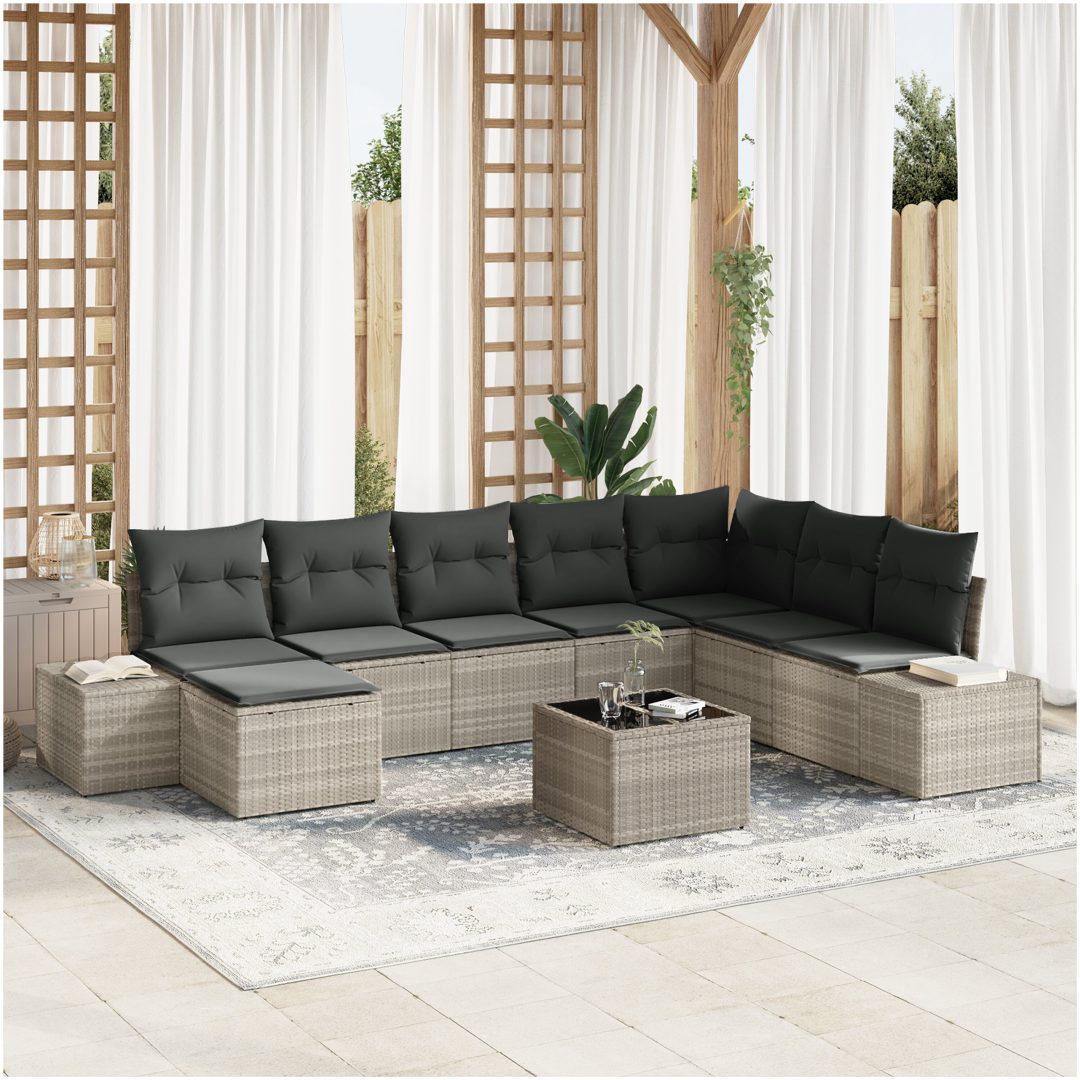 9-delar Trädgårdsoffset med Kuddar Grå Poly Rattan vidaXL 319 x 209 x 85 cm
