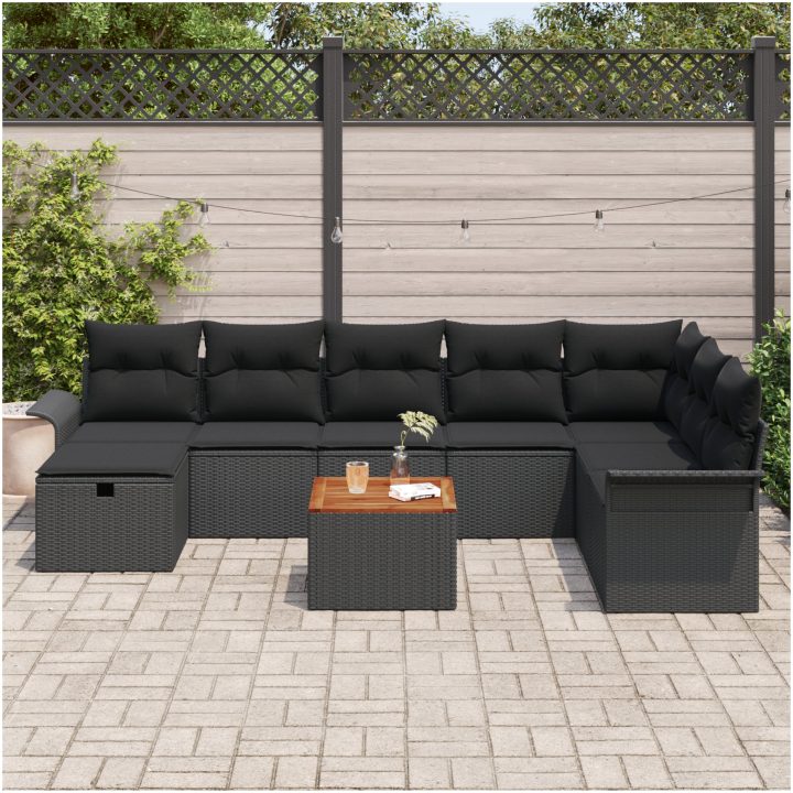 9 Delar Trädgårdsoffset med Kuddar Svart Poly Rattan vidaXL 55 x 55 x 37 cm – bild 3