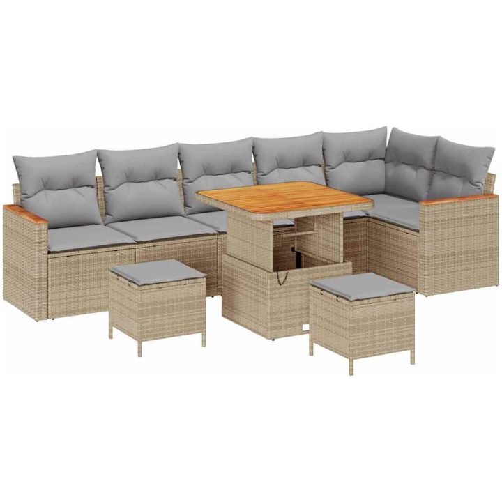 9 Delar Trädgårdssofa Set med Kuddar Beige Poly Rattan Akacia vidaXL Medium – bild 2