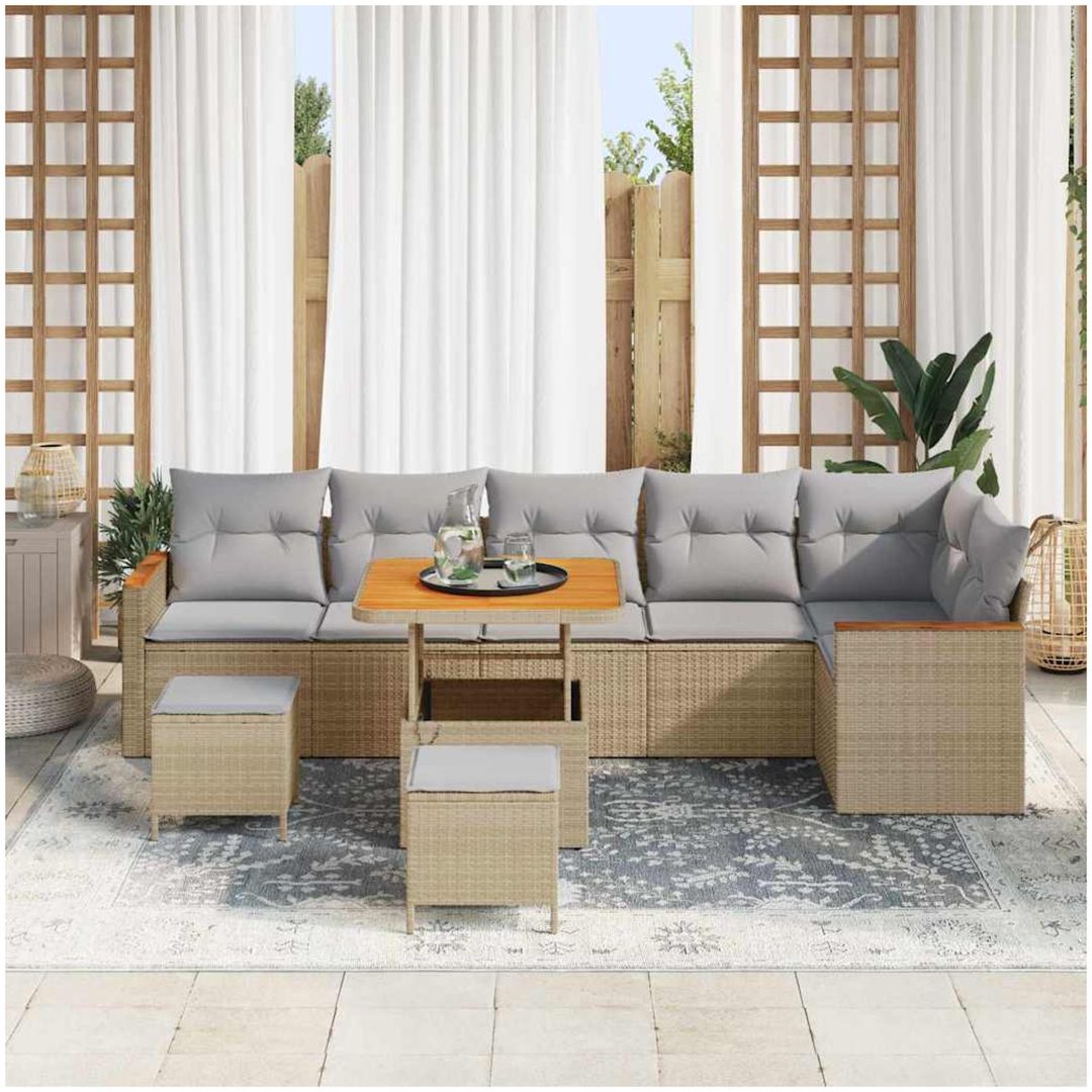 9 Delar Trädgårdssofa Set med Kuddar Beige Poly Rattan Akacia vidaXL Medium – bild 3