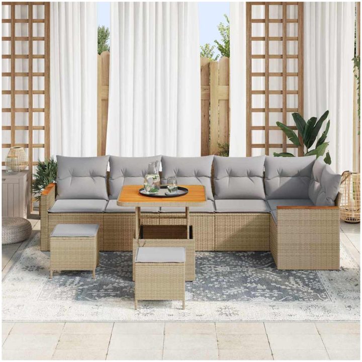 9 Delar Trädgårdssofa Set med Kuddar Beige Poly Rattan Akacia vidaXL Medium – bild 3