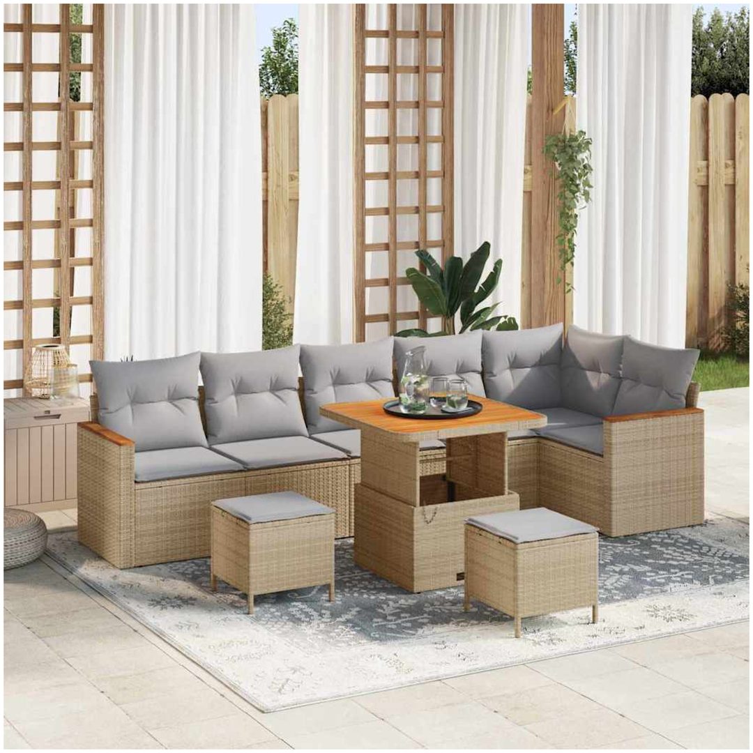 9 Delar Trädgårdssofa Set med Kuddar Beige Poly Rattan Akacia vidaXL Medium