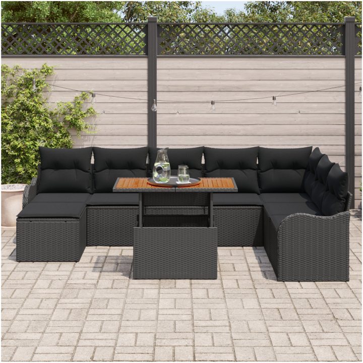 9 Delar Trädgårdssoff med Kuddar Svart Poly Rattan Akacia vidaXL Stor – bild 3