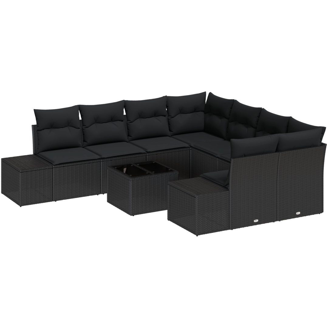 9 Delar Trädgårdssoffa Set med Kuddar Svart Poly Rattan vidaXL 55 x 55 x 37 cm – bild 2