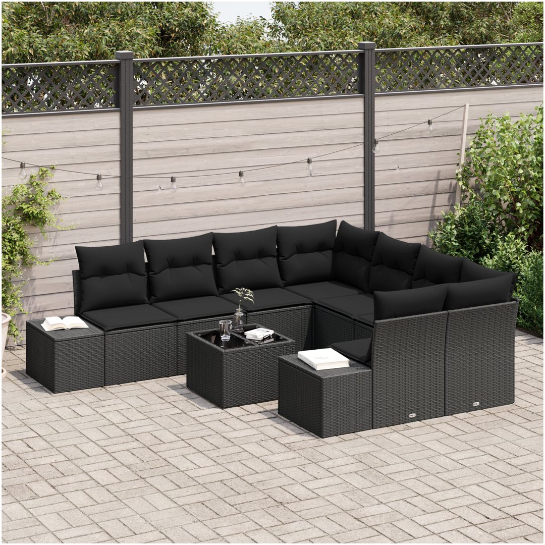 9 Delar Trädgårdssoffa Set med Kuddar Svart Poly Rattan vidaXL 55 x 55 x 37 cm – bild 3