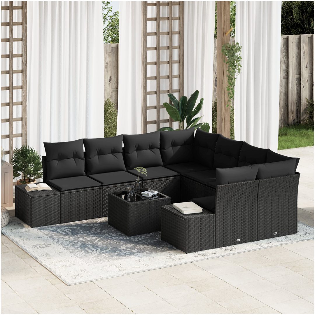 9 Delar Trädgårdssoffa Set med Kuddar Svart Poly Rattan vidaXL 55 x 55 x 37 cm