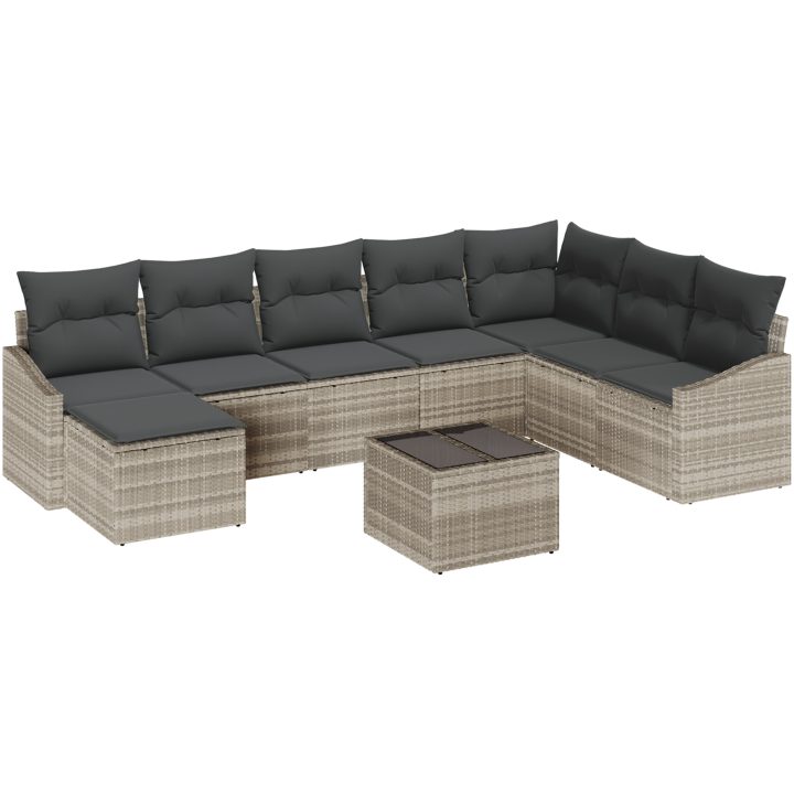 9-delar Trädgårdssoffasett med kuddar Grå Poly Rattan vidaXL 288,5 x 178,5 x 85 cm – bild 2