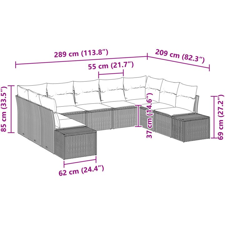 9 Delar Trädgårdssoffset med Dynor Grå Poly Rattan vidaXL 289 x 209 x 85 cm – bild 12