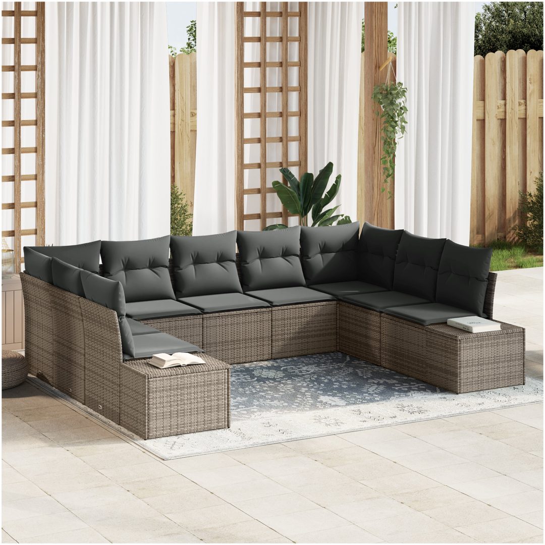 9 Delar Trädgårdssoffset med Dynor Grå Poly Rattan vidaXL 289 x 209 x 85 cm