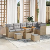 9 Delar Trädgårdssoffset med kuddar Beige Poly Rattan Akacia vidaXL
