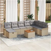 9 Delar Trädgårdssoffset med Kuddar Beige Poly Rattan vidaXL