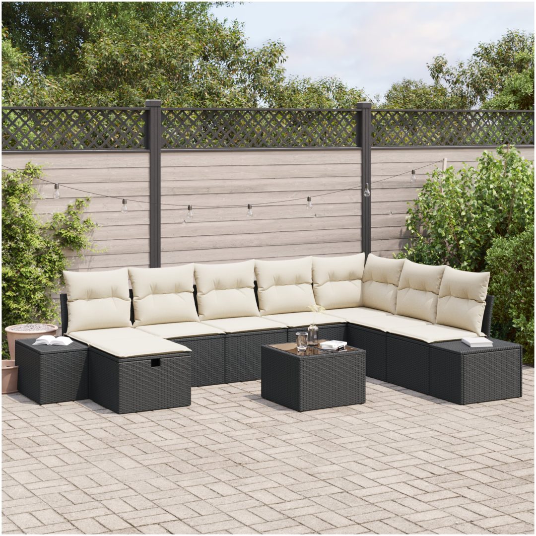 9 Delar Trädgårdsssofa Set med Kuddar Svart Poly Rattan vidaXL 55 x 62 x 69 cm