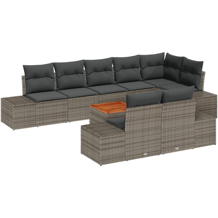 9-delars loungeset för trädgården med kuddar, grå poly-rattan och akacia vidaXL 55 x 55 x 37 cm – bild 2