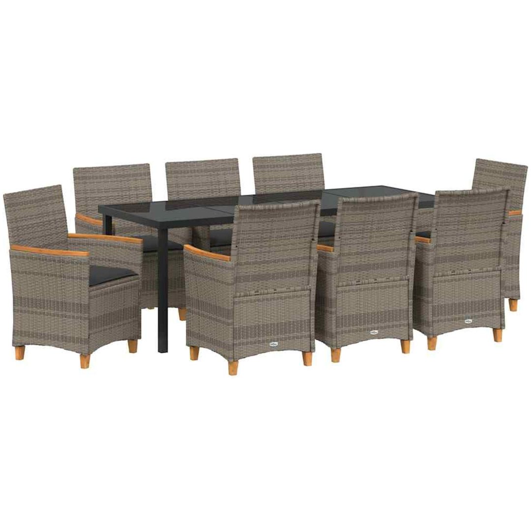 9-delars matbordset för trädgården med kuddar i grå poly rattan vidaXL 200 x 80 x 73 cm – bild 2