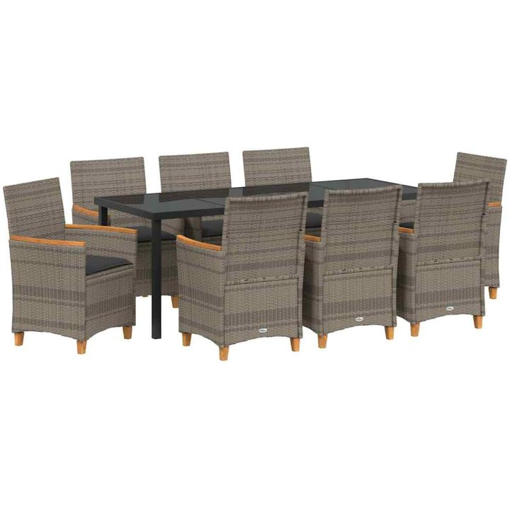 9-delars matbordset för trädgården med kuddar i grå poly rattan vidaXL 200 x 80 x 73 cm – bild 2