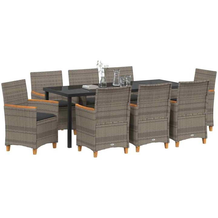 9-delars matbordset för trädgården med kuddar i grå poly rattan vidaXL 200 x 80 x 73 cm – bild 3