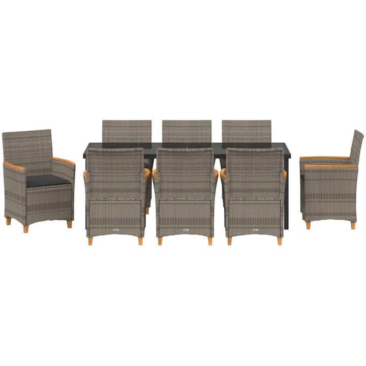 9-delars matbordset för trädgården med kuddar i grå poly rattan vidaXL 200 x 80 x 73 cm – bild 7