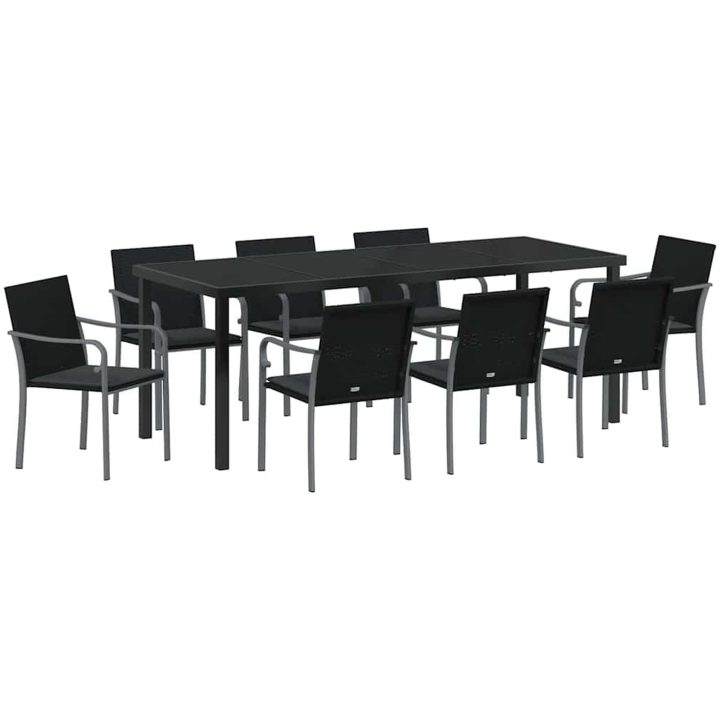 9-delars matgrupp för trädgården med kuddar i svart poly-rattan vidaXL L x b x h: 56 x 59 x 84 cm – bild 2