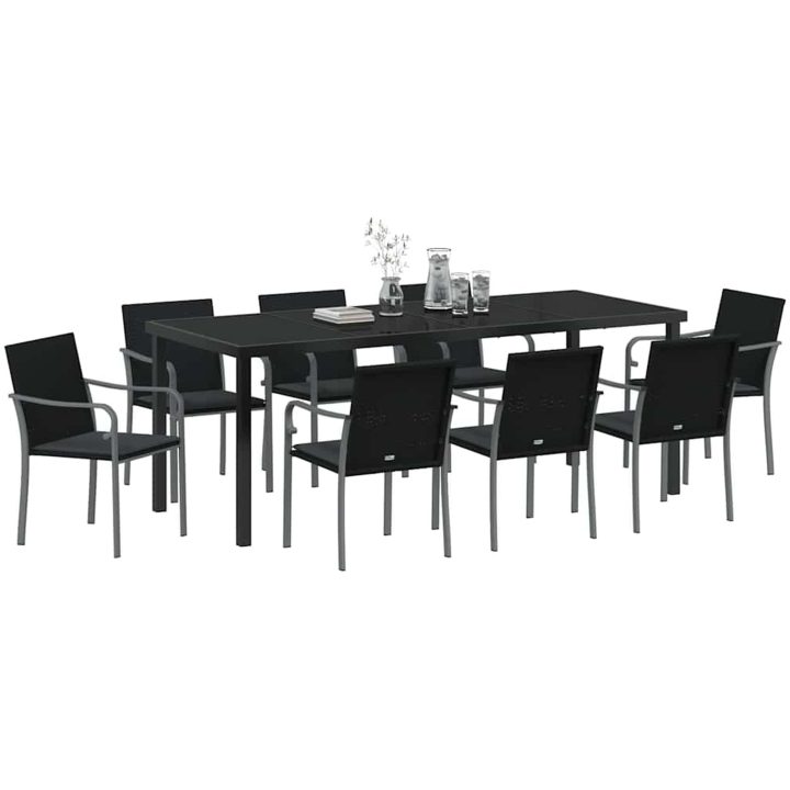 9-delars matgrupp för trädgården med kuddar i svart poly-rattan vidaXL L x b x h: 56 x 59 x 84 cm – bild 3