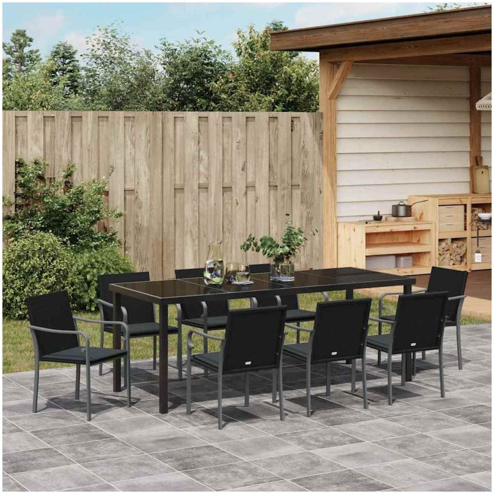9-delars matgrupp för trädgården med kuddar i svart poly-rattan vidaXL L x b x h: 56 x 59 x 84 cm – bild 4