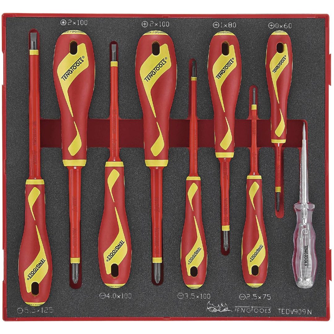 9 delars Skruvmejselsats för 1000 volt TEDV909N Teng Tools SKRUVMEJSELSATS 1000V EVA 9DEL