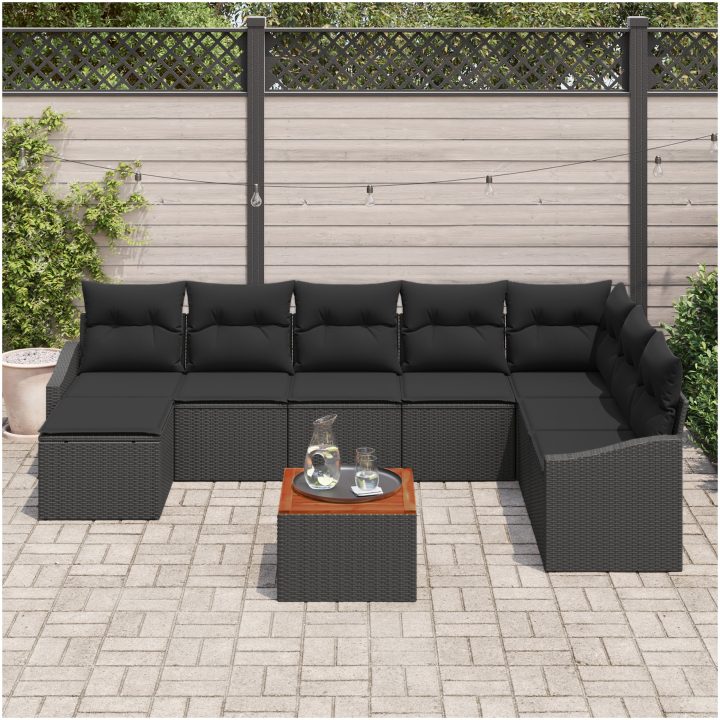 9-delars sofaset för trädgården med kuddar i svart polyrotting och akaciaträ vidaXL 55 x 55 x 37 cm – bild 3