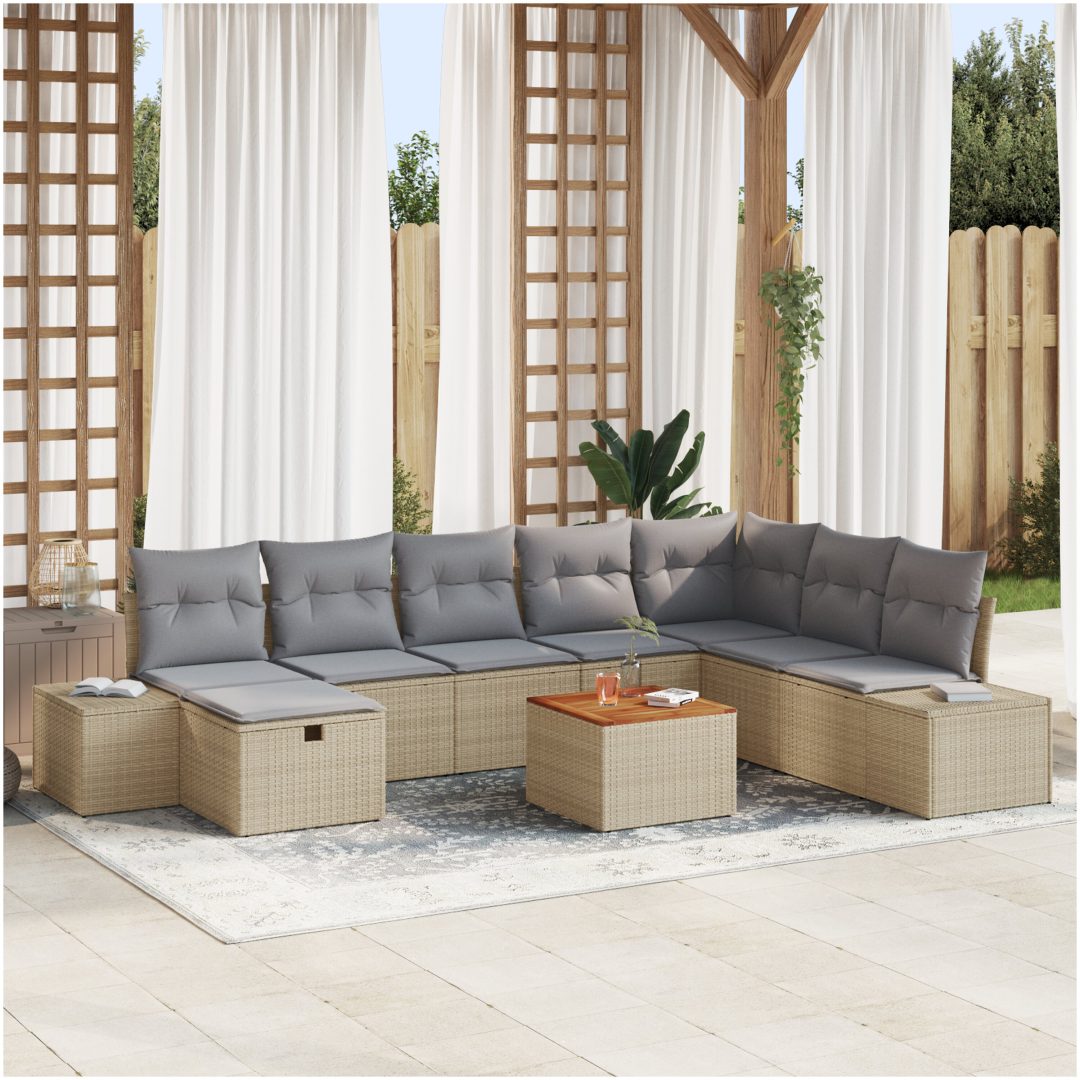 9-delars soffa set med kuddar beige polyrotting vidaXL 55 x 55 x 37 cm