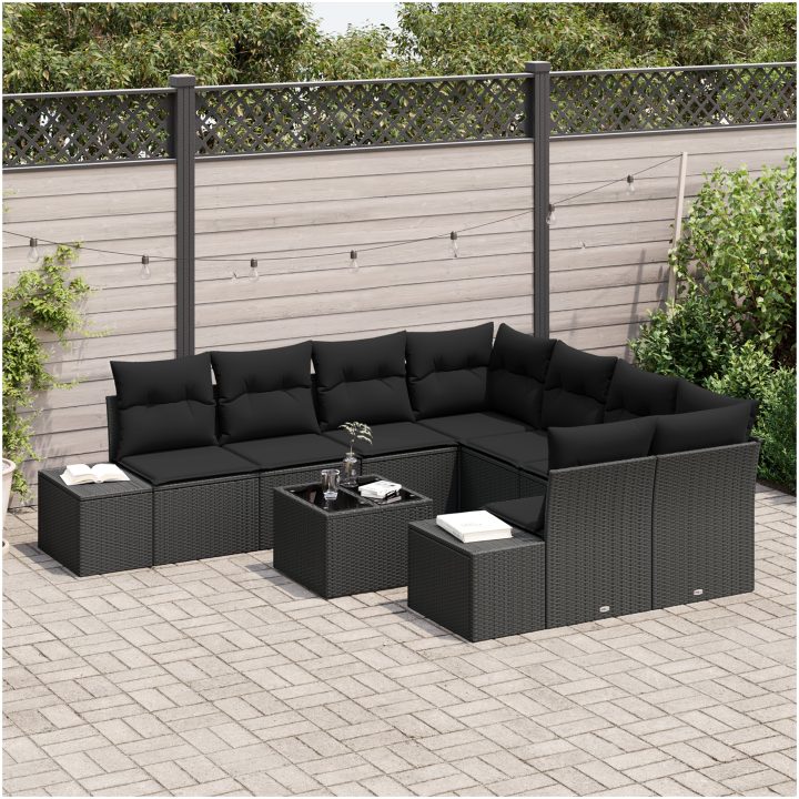 9-delars soffgrupp för trädgården med kuddar svart polyrotting vidaXL 55 x 55 x 37 cm – bild 3
