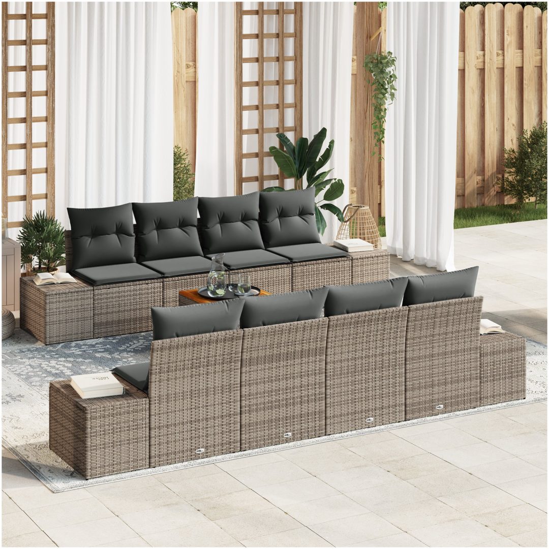 9-delars soffgrupp med kuddar, grå poly-rattan och akacia vidaXL 55 x 55 x 37 cm