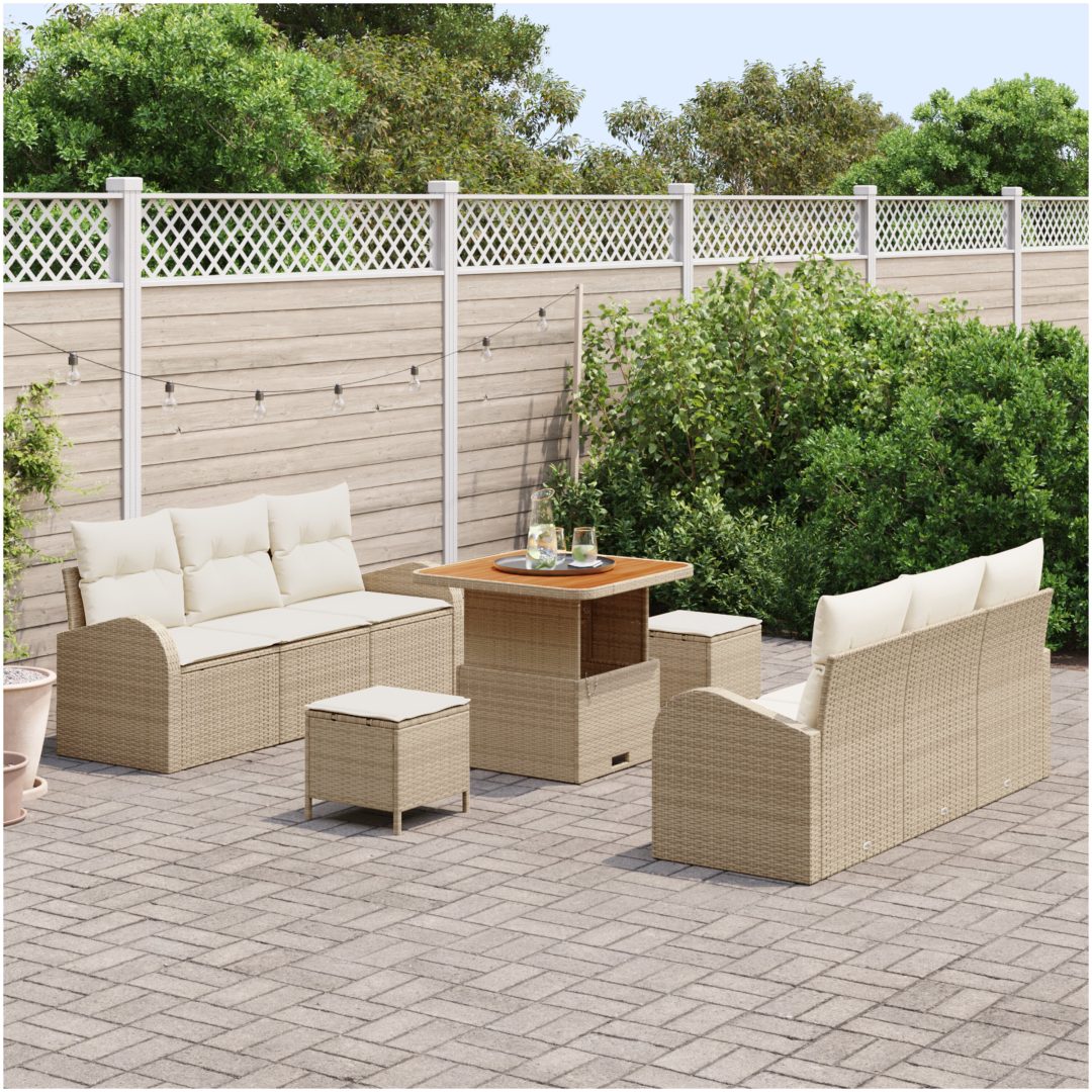 9-delars soffgrupp med kuddar i beige polyrotting vidaXL Stor – bild 3