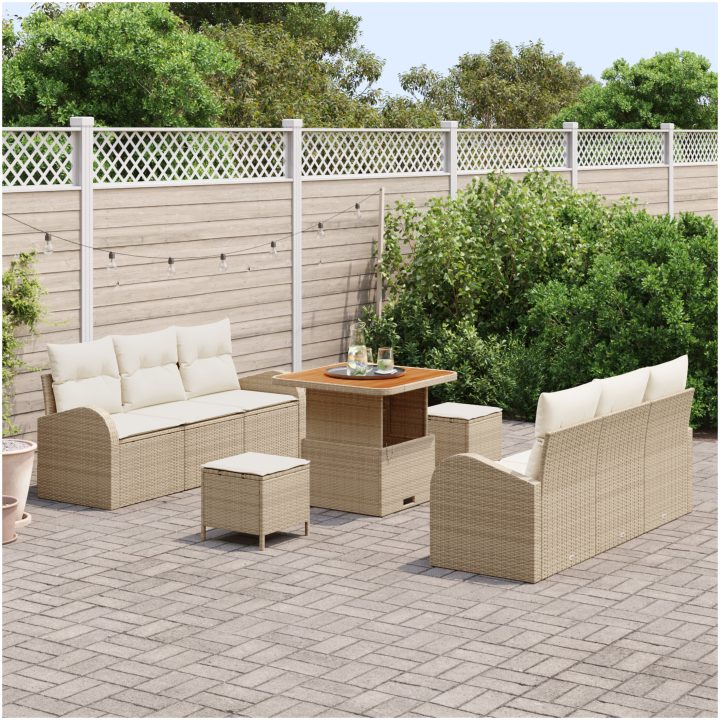 9-delars soffgrupp med kuddar i beige polyrotting vidaXL Stor – bild 3