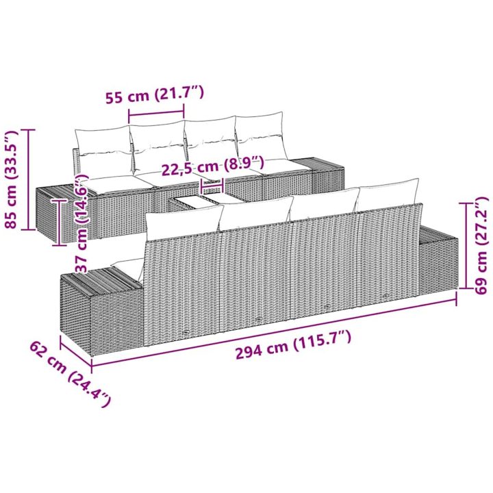 9-delars soffgrupp med kuddar i svart poly rattan vidaXL 55 x 55 x 37 cm – bild 8