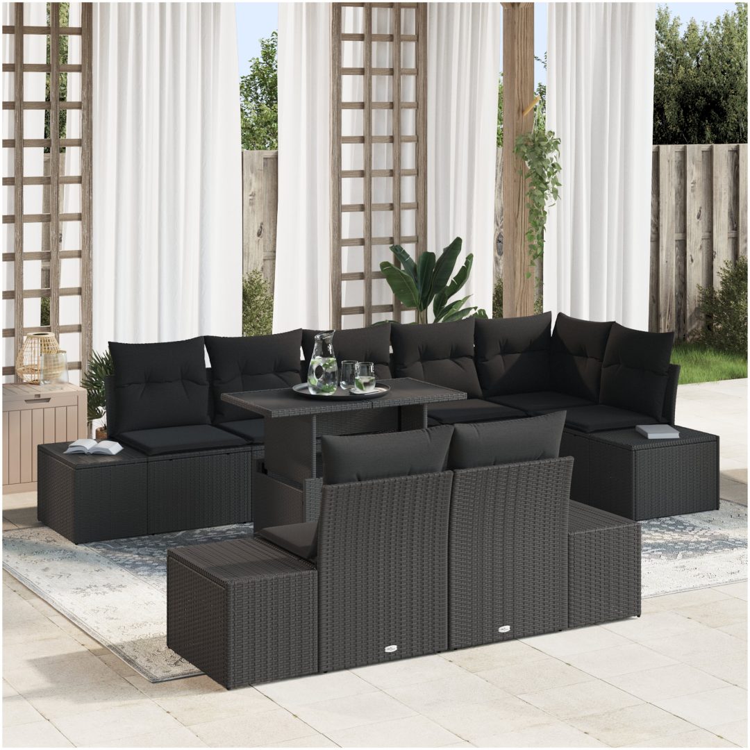 9-delars soffgrupp med kuddar svart polyrotting vidaXL 100 x 55 x 73 cm