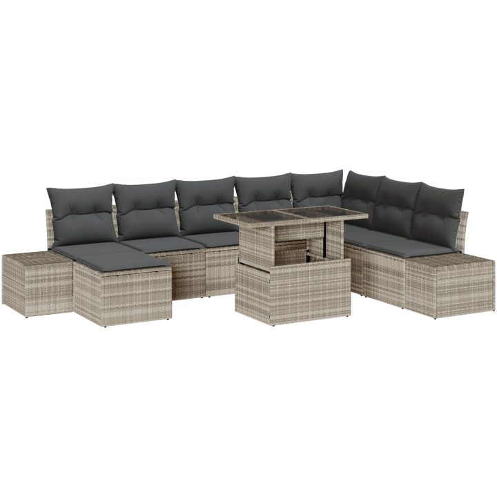 9-delars soffmöbel med kuddar i ljusgrå poly rattan vidaXL 100 x 55 x 73 cm – bild 2