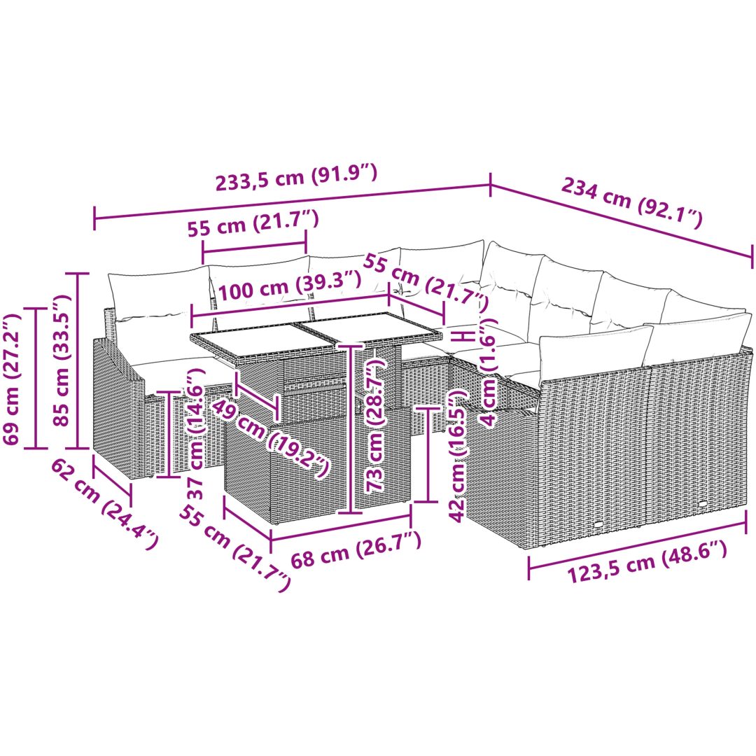 9-delars soffset för trädgården med kuddar, beige polyroting vidaXL 100 x 55 x 73 cm – bild 11