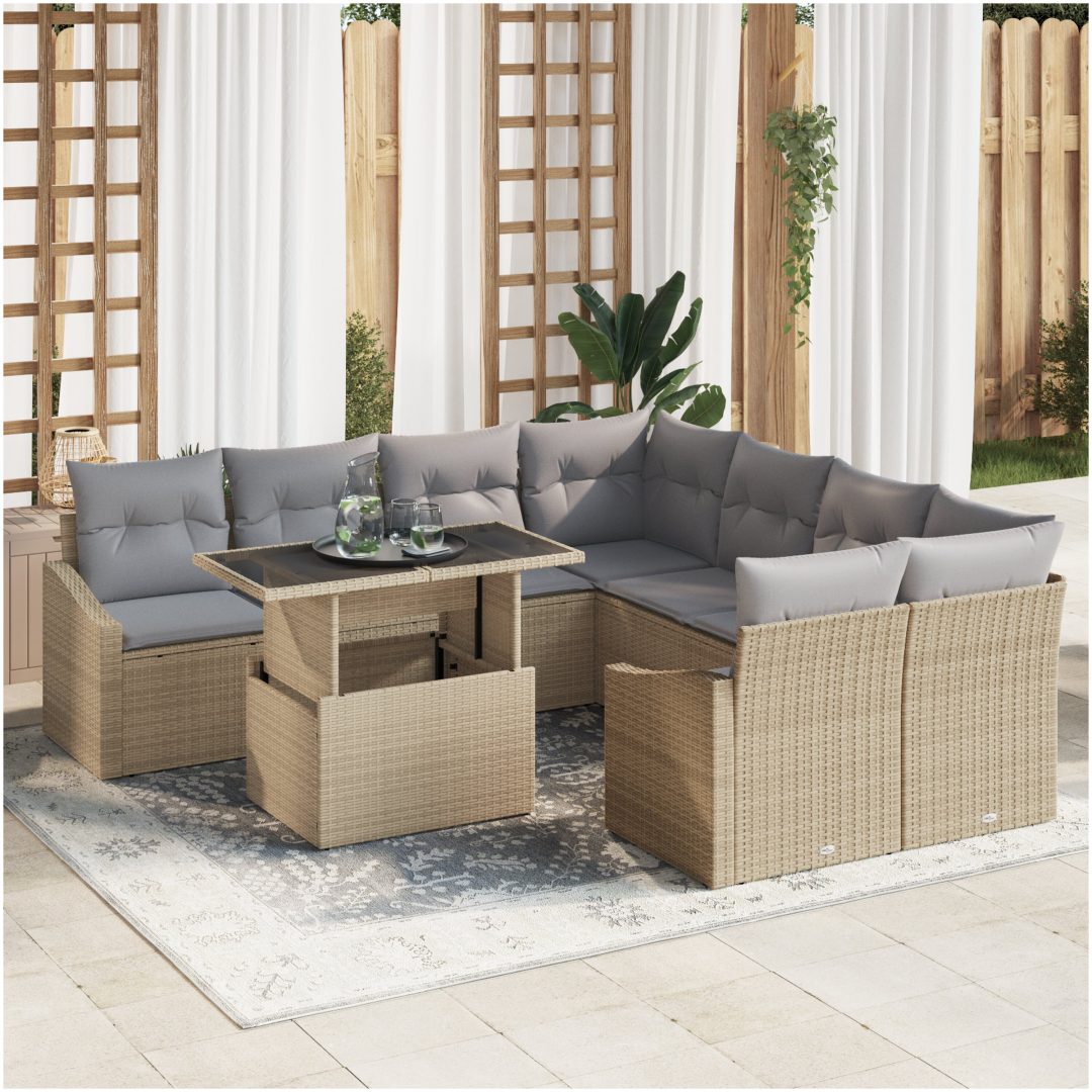 9-delars soffset för trädgården med kuddar, beige polyroting vidaXL 100 x 55 x 73 cm