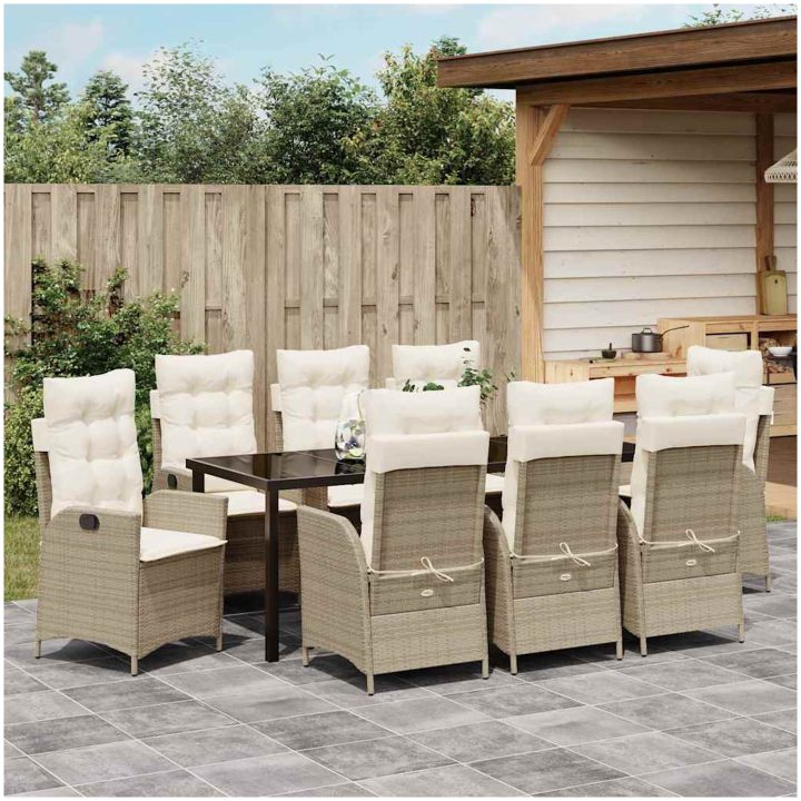 9-delars trädgårds matgrupp med kuddar - Beige poly-rattan. vidaXL 200 x 80 x 73 cm – bild 4