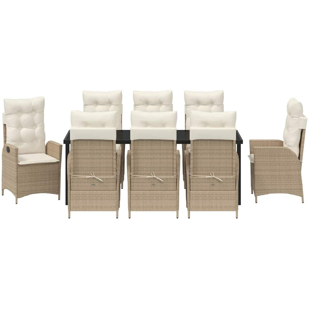 9-delars trädgårds matgrupp med kuddar - Beige poly-rattan. vidaXL 200 x 80 x 73 cm – bild 7
