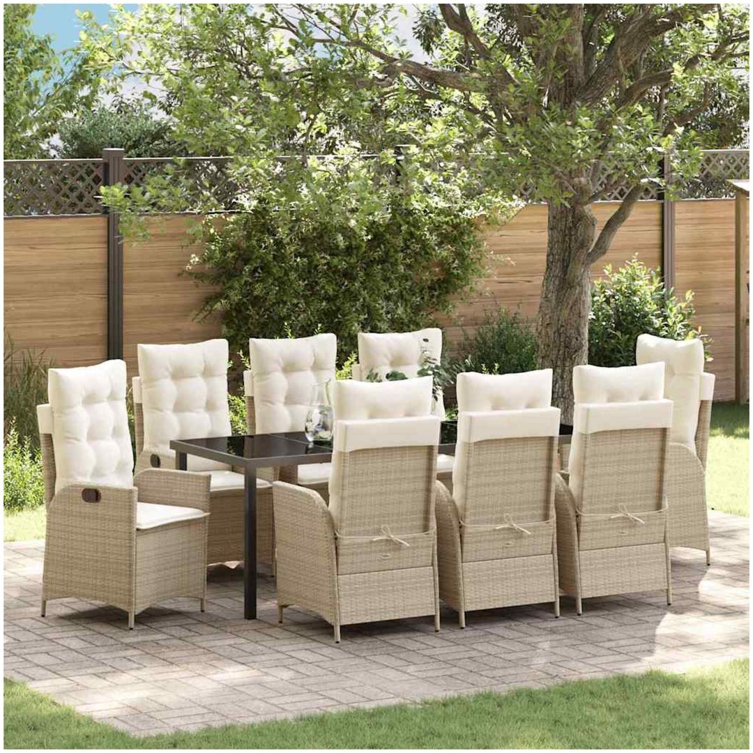 9-delars trädgårds matgrupp med kuddar - Beige poly-rattan. vidaXL 200 x 80 x 73 cm