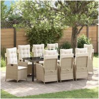 9-delars trädgårds matgrupp med kuddar - Beige poly-rattan. vidaXL