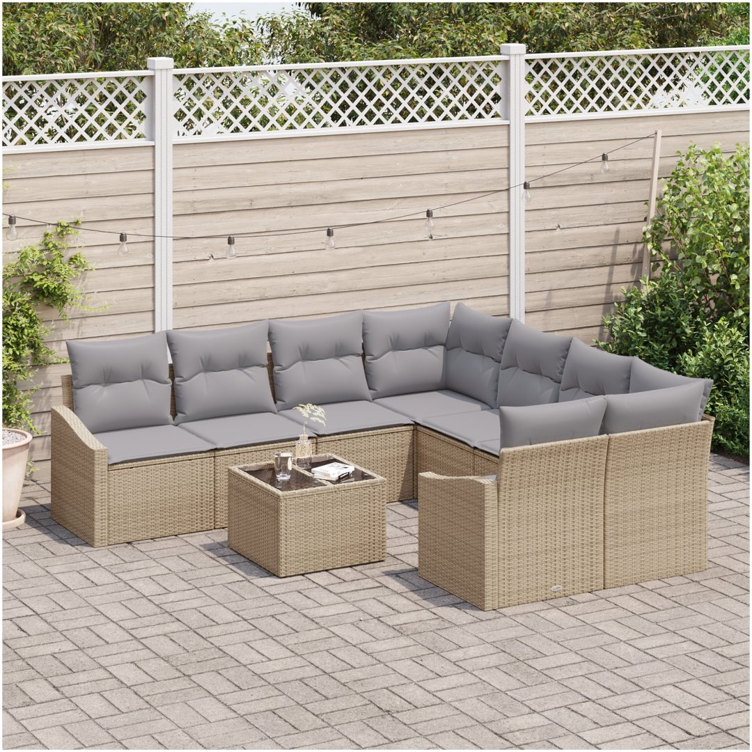 9 Delars Trädgårds Matgrupp med Kuddar Beige Poly Rattan vidaXL 55 x 55 x 37 cm – bild 3