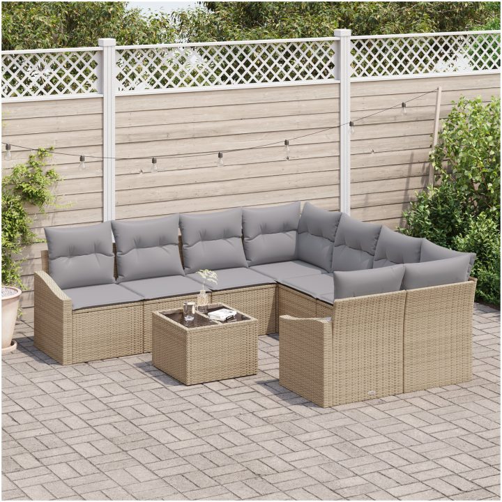 9 Delars Trädgårds Matgrupp med Kuddar Beige Poly Rattan vidaXL 55 x 55 x 37 cm – bild 3